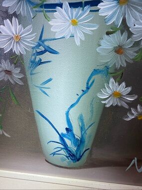 Nancy Lee Original Daisy Oil Painting Blue White Vase Mid Century Floral Art